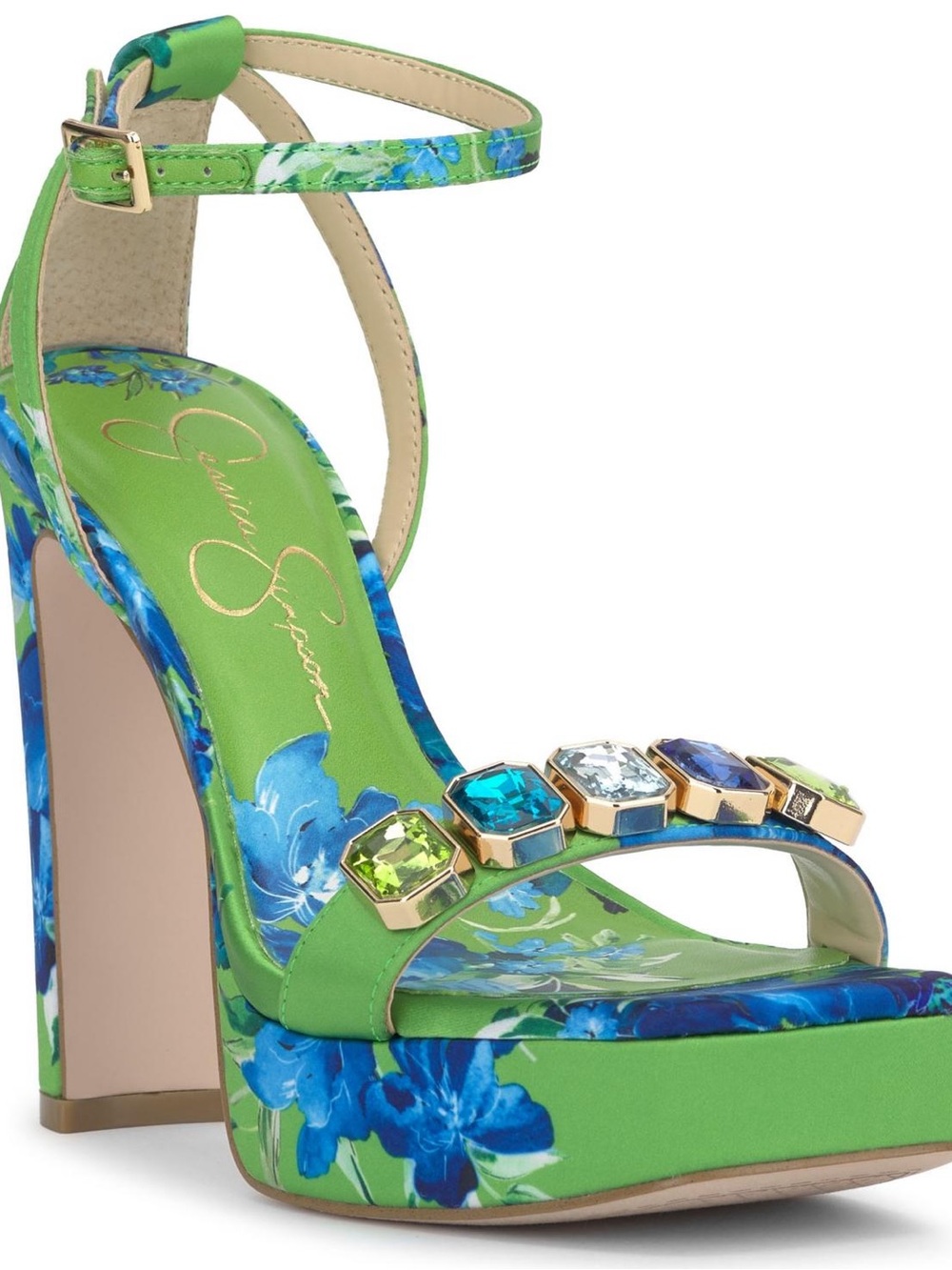 Jessica Simpson Green and Blue Floral Jeweled Platform Sandal